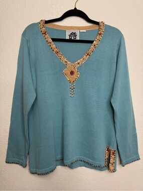 Storybook Knits Beaded V-Neck Sweater Sz M Teal Gold Teacher Unique Grandmacore